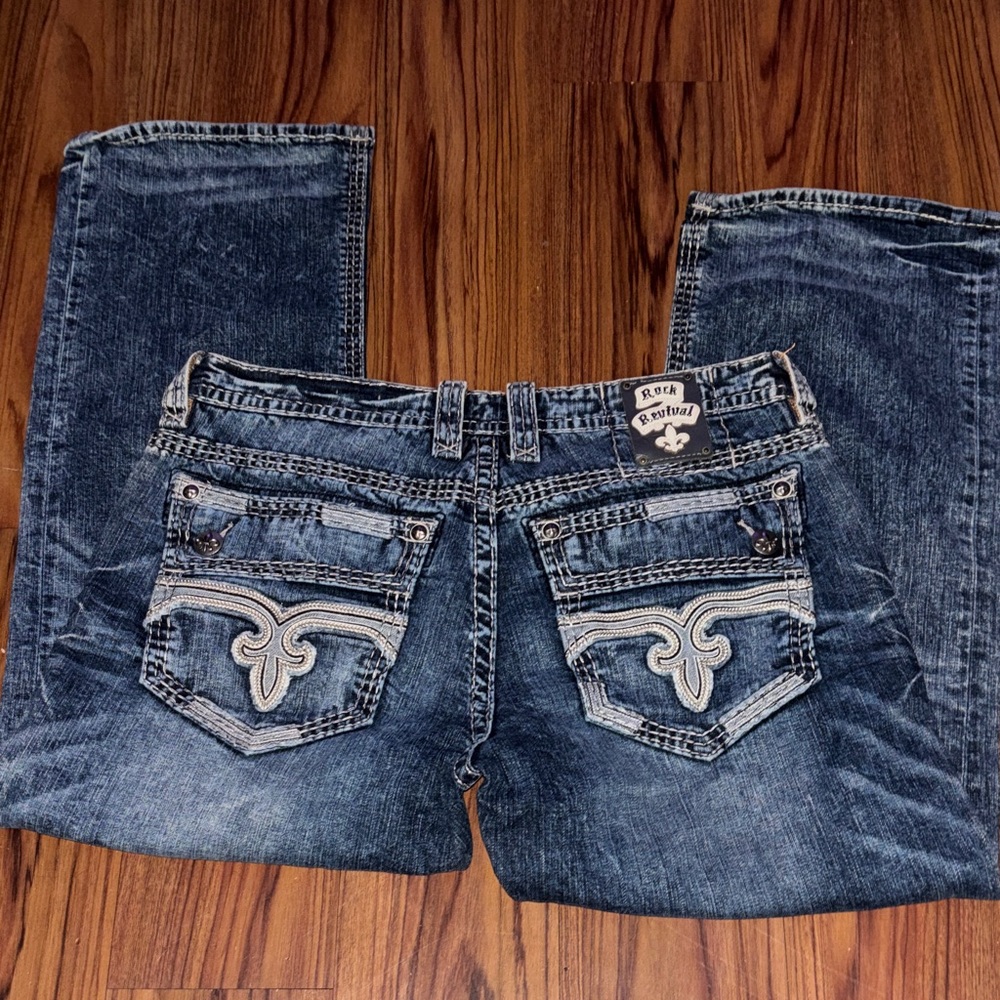 Rock Revival Blue Distressed Embroidered Pocket Jeans